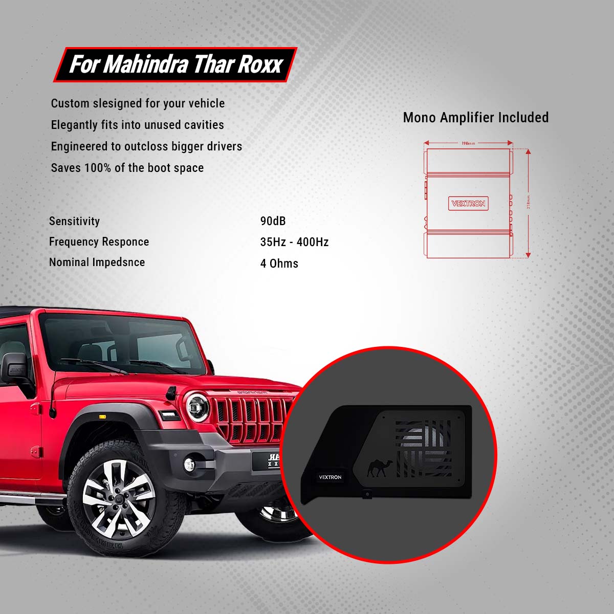 Vextron Car Specific Subwoofer For Thar Roxx | 8 Inch Active Enclosure With Amplifier