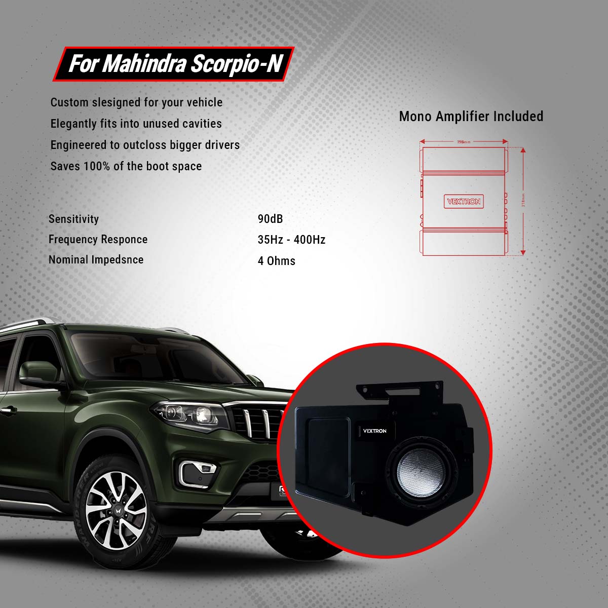 Vextron Car Specific Subwoofer For Scorpio-N | 8 Inch Active Enclosure With Amplifier