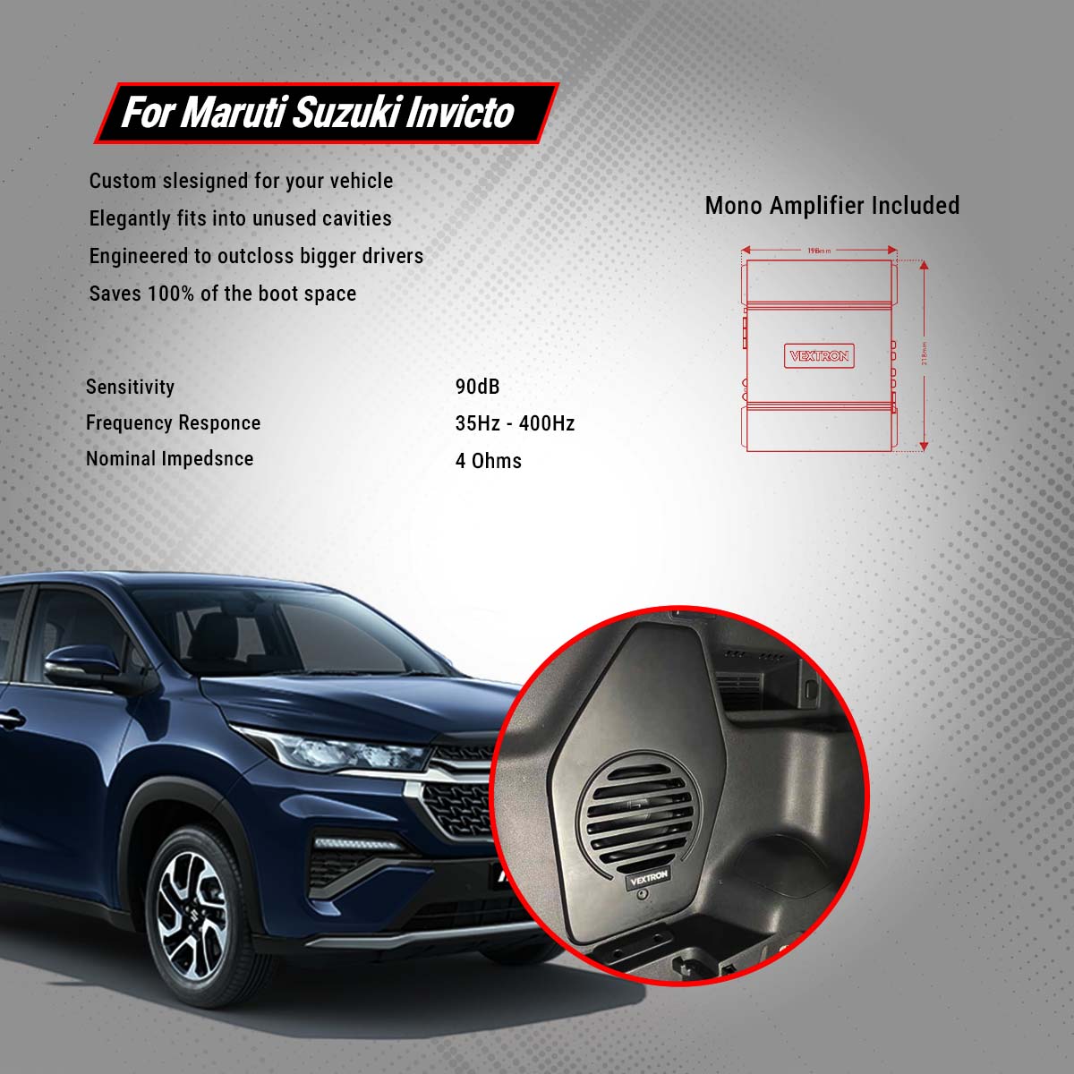 Vextron Car Specific Subwoofer For Invicto | 8 Inch Active Enclosure With Amplifier