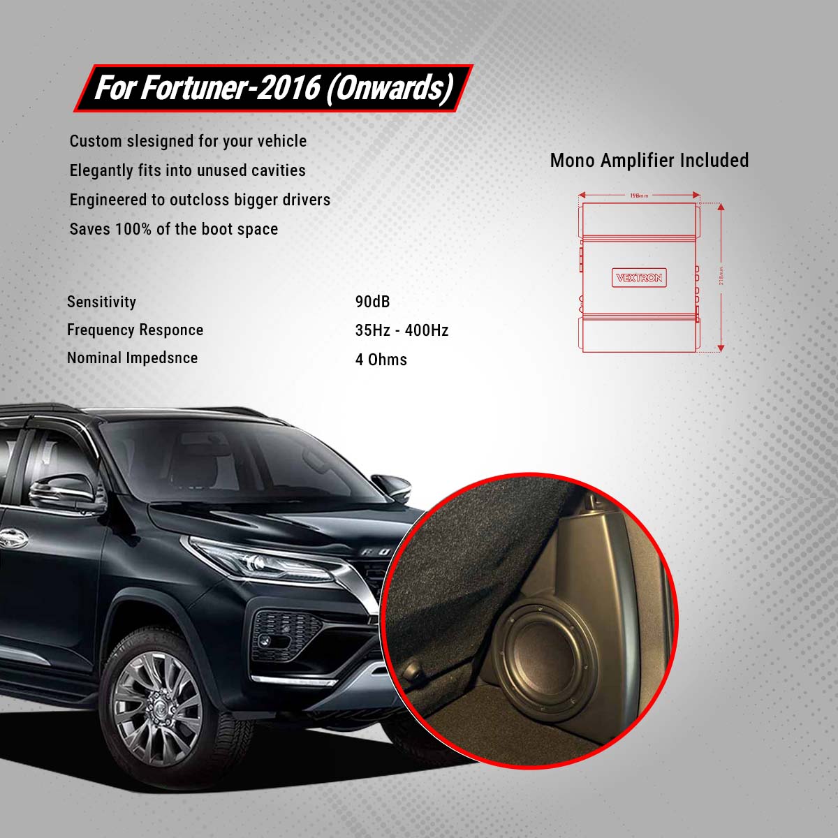 Vextron Car Specific Subwoofer For Fortuner | 8 Inch Active Enclosure With Amplifier