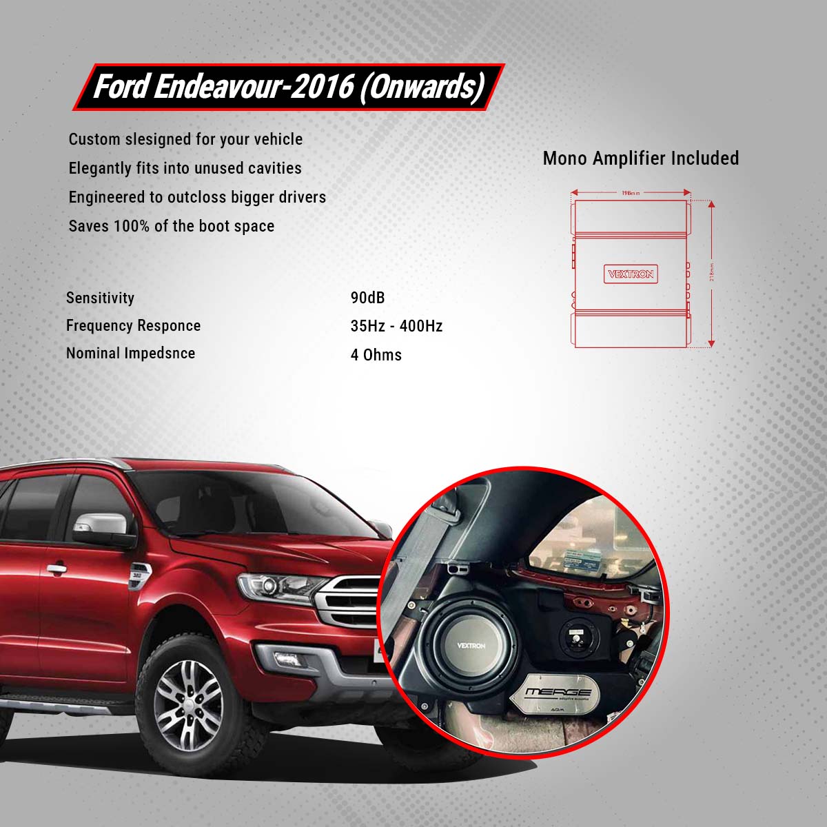 Vextron Car Specific Subwoofer For Endeavour 2016 Onwards | 8 Inch Active Enclosure With Amplifier