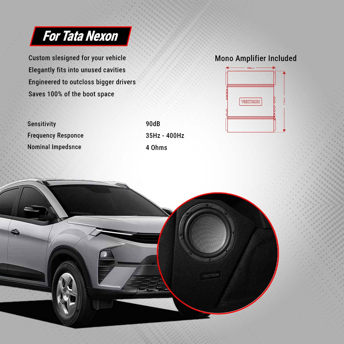 Vextron Car Specific Subwoofer Nexon 2017 Onwards | 8 Inch Active Enclosure With Amplifier