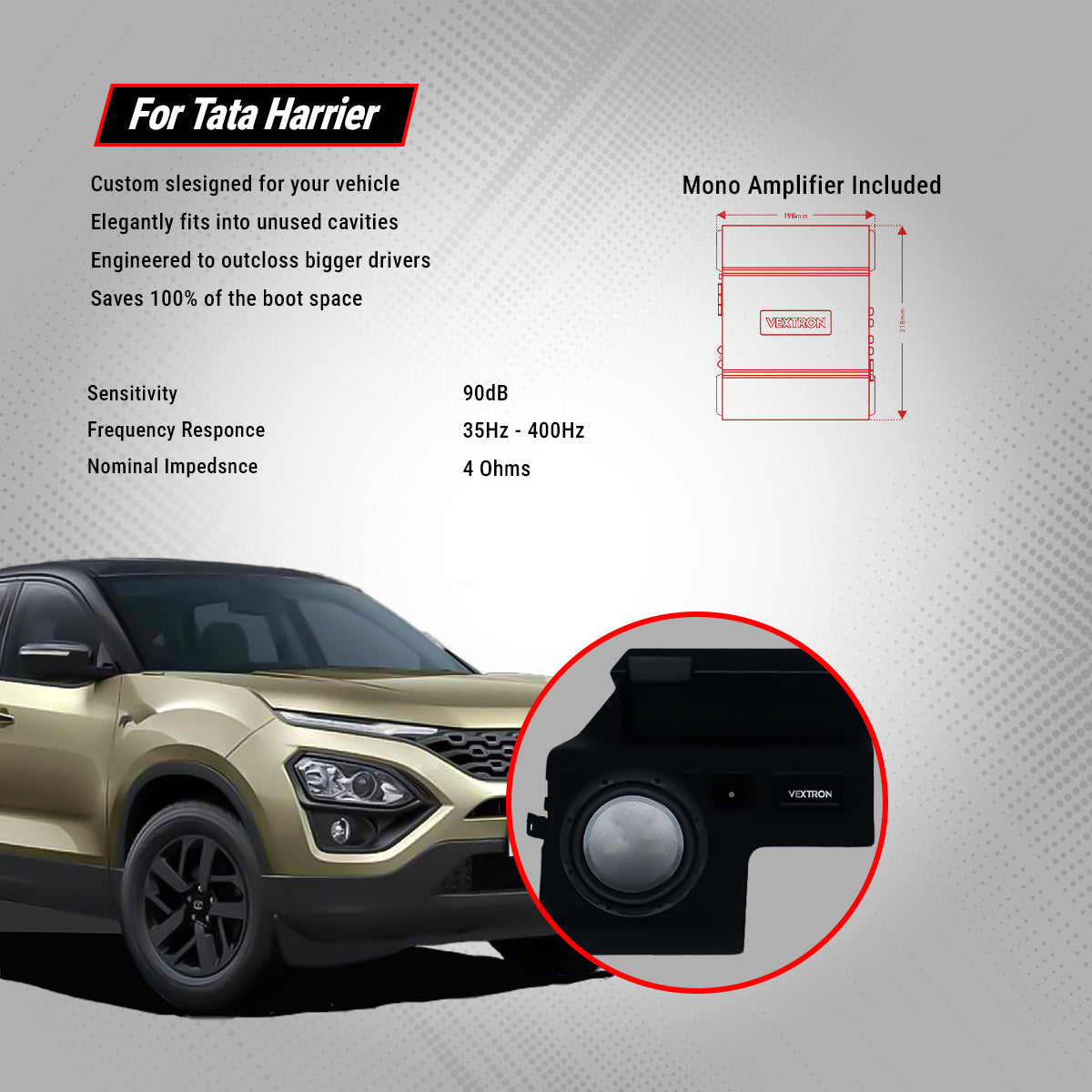 Vextron Car Specific Subwoofer For Tata Harrier 2017 Onwards| 8 Inch Active Enclosure With Amplifier