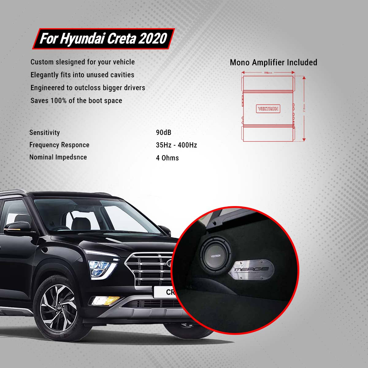 Vextron Car Specific Subwoofer For Creta 2020 | 8 Inch Active Enclosure With Amplifier