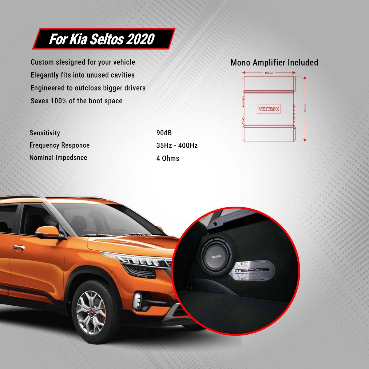 Vextron Car Specific Subwoofer For Seltos 2020 | 8 Inch Active Enclosure With Amplifier