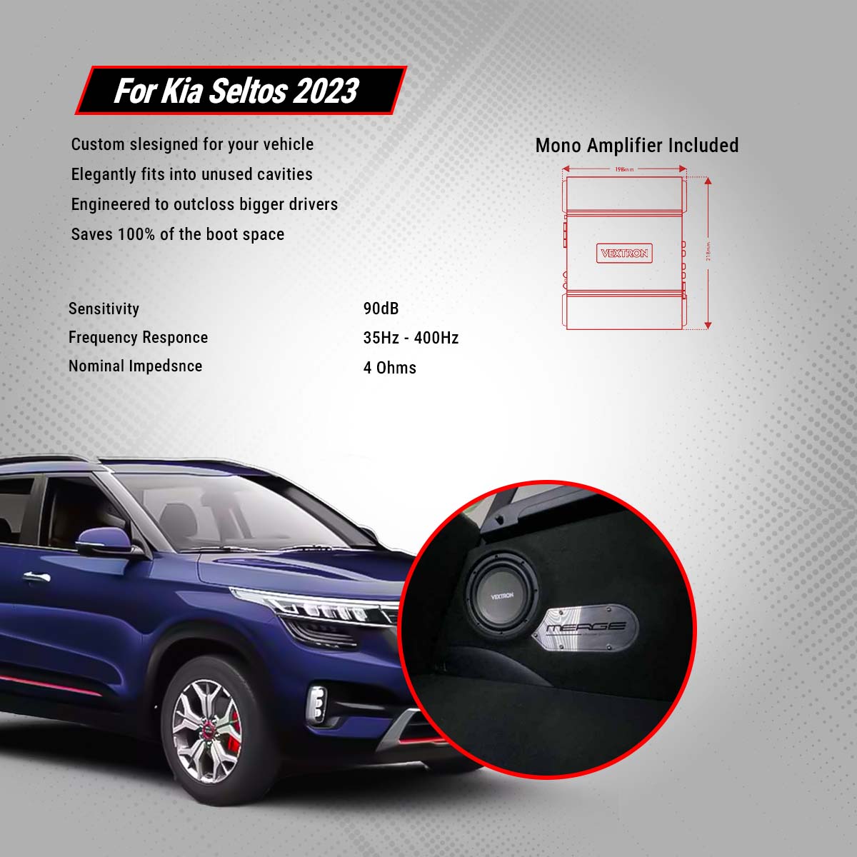 Vextron Car Specific Subwoofer For Seltos 2023 | 8 Inch Active Enclosure With Amplifier