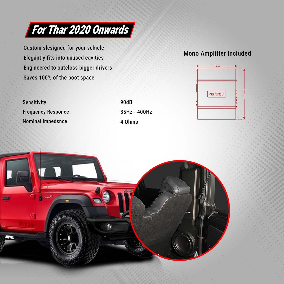 Vextron Car Specific Subwoofer For Thar 2020 Onwards | 8 Inch Active Enclosure With Amplifier