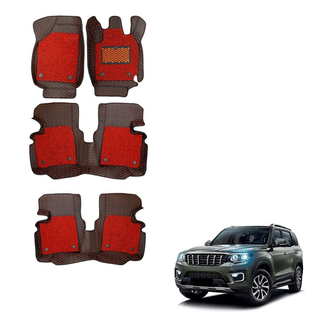 Mahindra Scorpio-N Deluxe 7D Floor Mats - Black with Red Color