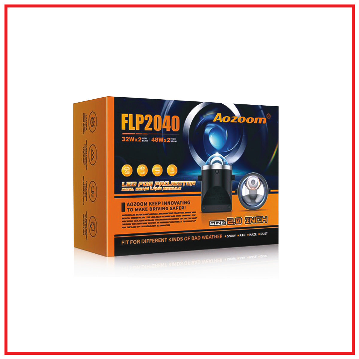 Aozoom FLP 2040 Direct LED Fog Light Projector | 2.0 Inch BI Lamp | 90W, 5700K, White